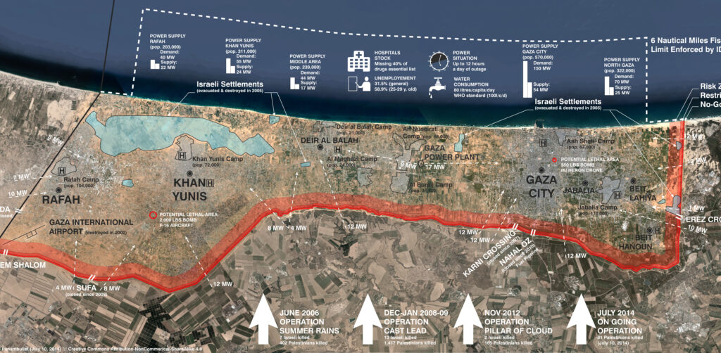 Πληροφοριακός Χάρτης της Γάζας (Παλαιστίνη) όπως τον επεξεργάστηκε ο Λέοπολντ Λάμπερτ για λογαριασμό του "FUNAMBULIST"