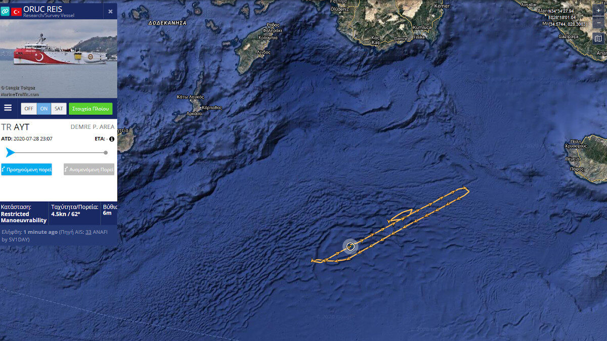 Η θέση του Oruc Reis τώρα (10:15 - 24/8/2020) με τη βορειο/ανατολική πορεία του καθώς και οι κινήσεις του το τελευταίο 24ωρο