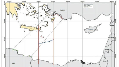 Χάρτης με τα όρια του τουρκολιβυκού συμφώνου και την μερική οριοθέτηση ΑΟΖ μεταξύ Ελλάδας και Αιγύπτου