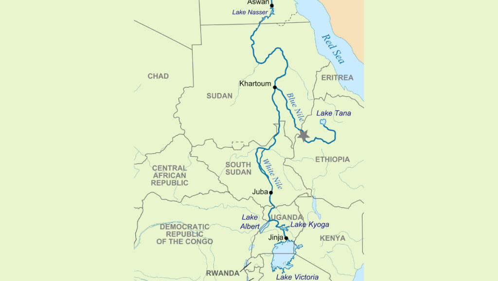 Χάρτης του «Γαλάζιου» και «Λευκού» Νείλου που απεικονίζει το σημείο που η Αιθιοπική Κυβέρνηση κατασκευάζει το Φράγμα GERD («Αιθιοπική Αναγέννηση»)
