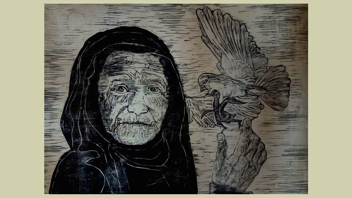 «Η γιαγιά της Παλαιστίνης», 2021, Βασίλης Βλάχος, ξυλογραφία σε πλάγιο ξύλο, διαστάσεις έργου: 93 x 61 (εκατοστά)