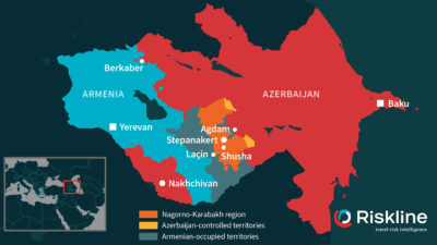 Χάρτης της περιοχής του νότιου Καύκασου, με τις διαφιλονικούμενες περιοχές και την αναχάραξης των συνόρων μεταξύ Αζερμπαϊτζάν και Αρμενίας