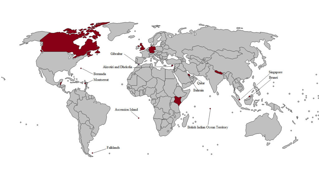 Παγκόσμιος χάρτης που απεικονίζει τις Βάσεις των Ενόπλων Δυνάμεων του Ηνωμένου Βασιλείου