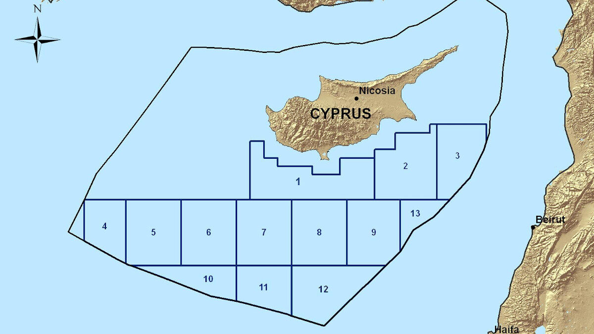 Χάρτης Αποκλειστικής Οικονομικής Ζώνης (ΑΟΖ) Κύπρου με τα αριθμημένα οικόπεδα