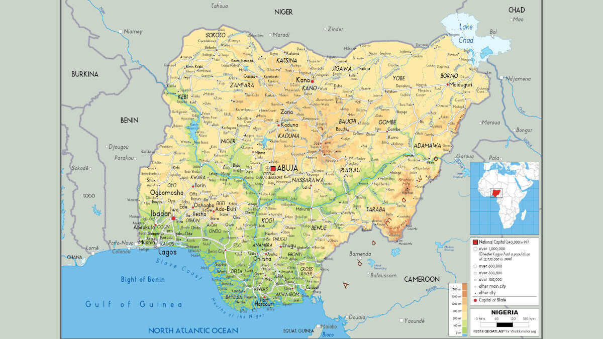 Γεωφυσικός χάρτης της Νιγηρίας / Δυτική Αφρική (Σαχέλ)