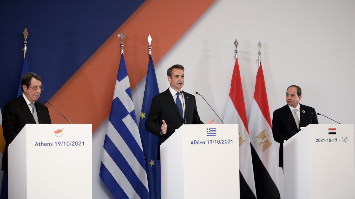 Τριμερής συνάντηση Ελλάδας - Κύπρου - Αιγύπτου στην Αθήνα, 19/10/21 - Κ. Μητσοτάκης, Ν. Αναστασιάδης, Φ. αλ Σίσι