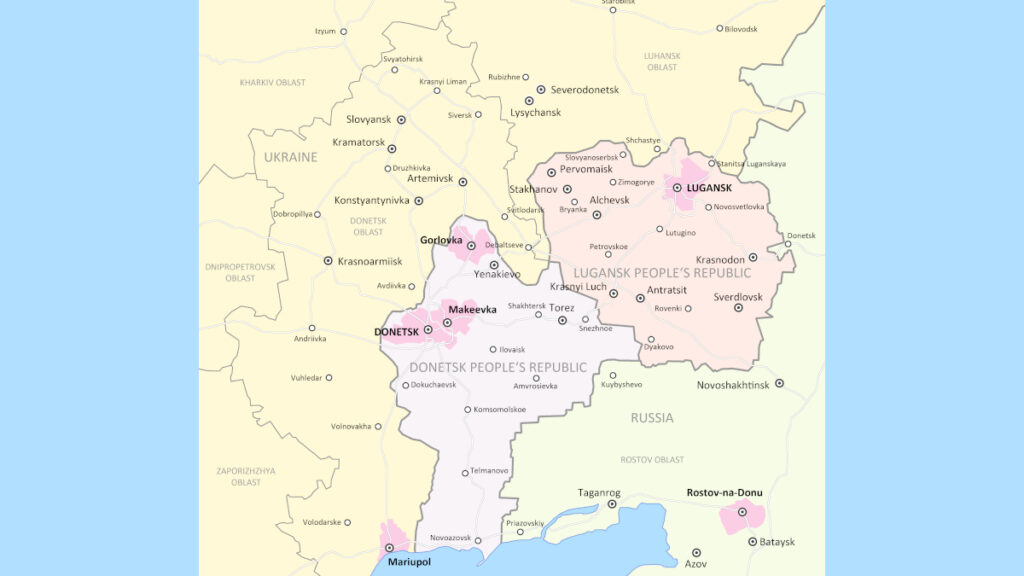 Πολιτικός χάρτης των περιοχών Λουγκάνσκ και Ντονιέσκ (Ντομπάς) με τα διαμορφωμένα «σύνορα» πριν της Ρωσική εισβολή της 24ης Φλεβάρη 2022