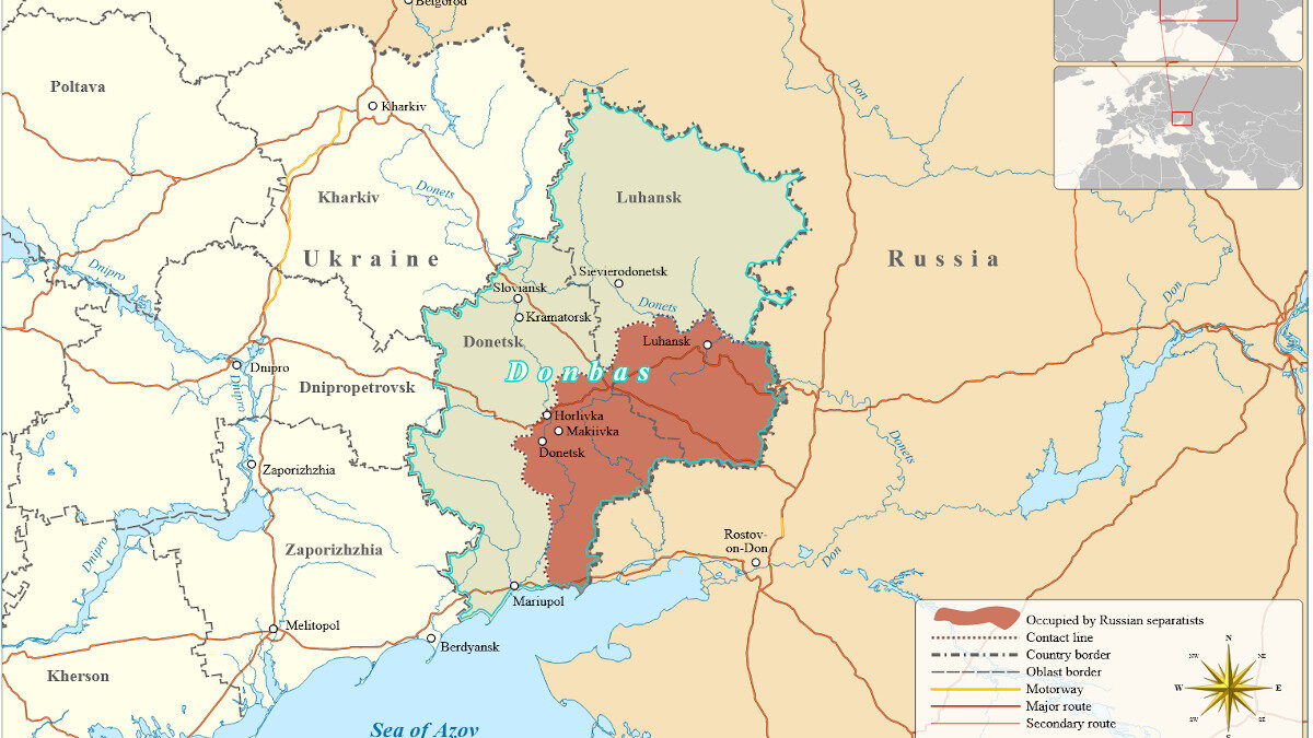 Χάρτης της περιοχής του Ντομπάς στην ανατολική Ουκρανία όπως διαμορφώθηκαν τα «σύνορα» μετά την αυτονομιστική εξέγερση του 2015 των Ρωσόφωνων κατοίκων και την καταστολή του από τον Ουκρανικό στρατό