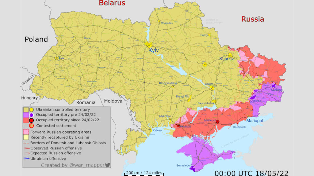 Χάρτης του πολέμου στην Ουκρανία σύμφωνα με τις ένοπλες δυνάμεις της χώρας - 18/05/2022