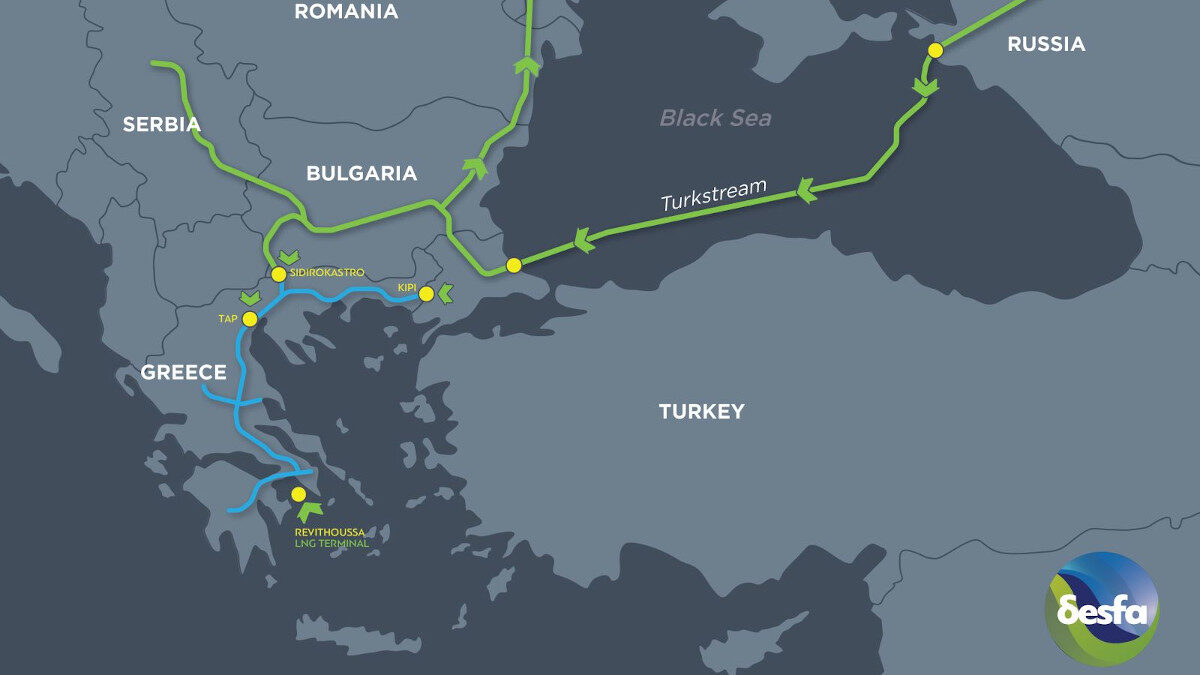 Χάρτης που απεικονίζει την πορεία του αγωγού φυσικού αερίου TURKSTREAM που τροφοδοτεί την Ελλάδα και τα υπόλοιπα Βαλκάνια από Ρωσία (GAZPROM) παρακάμπτοντας την Ουκρανία
