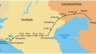 Χάρτης του Αγωγού της Κασπίας (CPC), που διοχετεύει πετρέλαιο από το Καζακστάν στον τερματικό σταθμό του Νοβοροσίσκ στη Ρωσία, στη Μαύρη Θάλασσα για λογαριασμό των «Chevron» και «ExxonMobil»