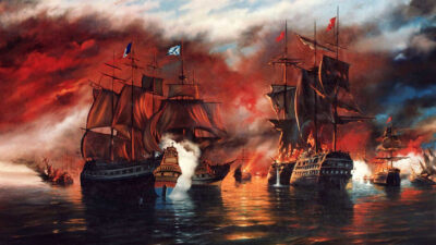 Πίνακας που απεικονίζει στιγμιότυπο από την ναυμαχία του Ναβαρίνου