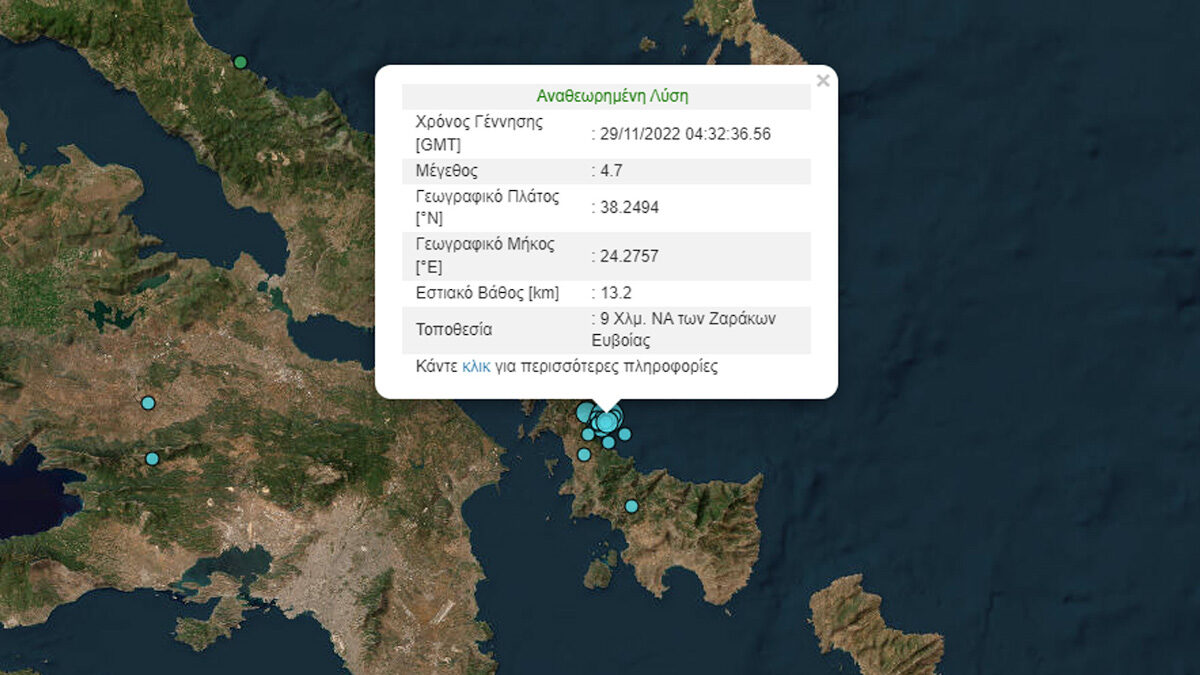 Νέα σεισμική δόνηση μεγέθους 4,1 βαθμών της κλίμακας Ρίχτερ σημειώθηκε περίπου στις 7.20 π.μ. στην Εύβοια και συγκεκριμένα 8 χλμ ανατολικά των Ζαράκων Ευβοίας