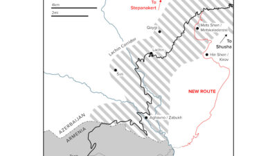 Χάρτης της αποστρατιωτικοποιημένης ζώνης, Διάδρομος Λαντσίν (Lachin Corridor), που ενώνει την Αρμενία με τις περιοχές που ζουν Αρμένιοι εντός του Αζερμπαΐτζάν (Ναγκόρνο Καραμπάχ) και την πρωτεύουσά τους, Στεπάνακερτ