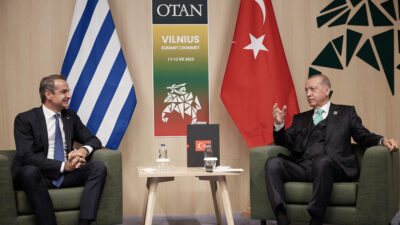 Συνάντηση του Κ. Μητσοτάκη με τον Τούρκο πρόεδρο, Ρ.Τ Ερντογάν στο περιθώριο της Συνόδου Κορυφής στο Βίλνιους της Λιθουανίας, Ιούλιος 2023