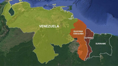 Χάρτης που δείχνει τη διαφιλονικούμενη περιοχή του Εσεκίμπο μεταξύ Βενεζουέλας και Γουιάνας